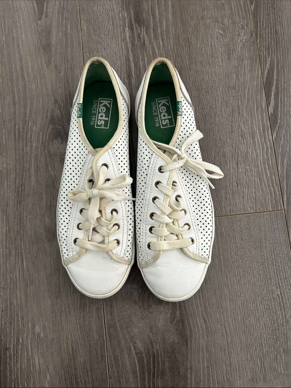Keds White Perforated Lace-Up Sneakers with Green Insole